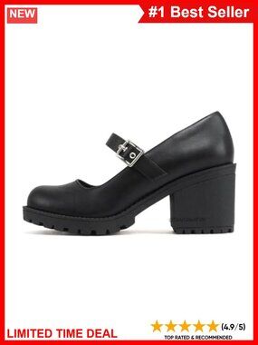 Women's Mary Jane Chunky Block Heel Lug Sole Pump with Adjustable Strap
